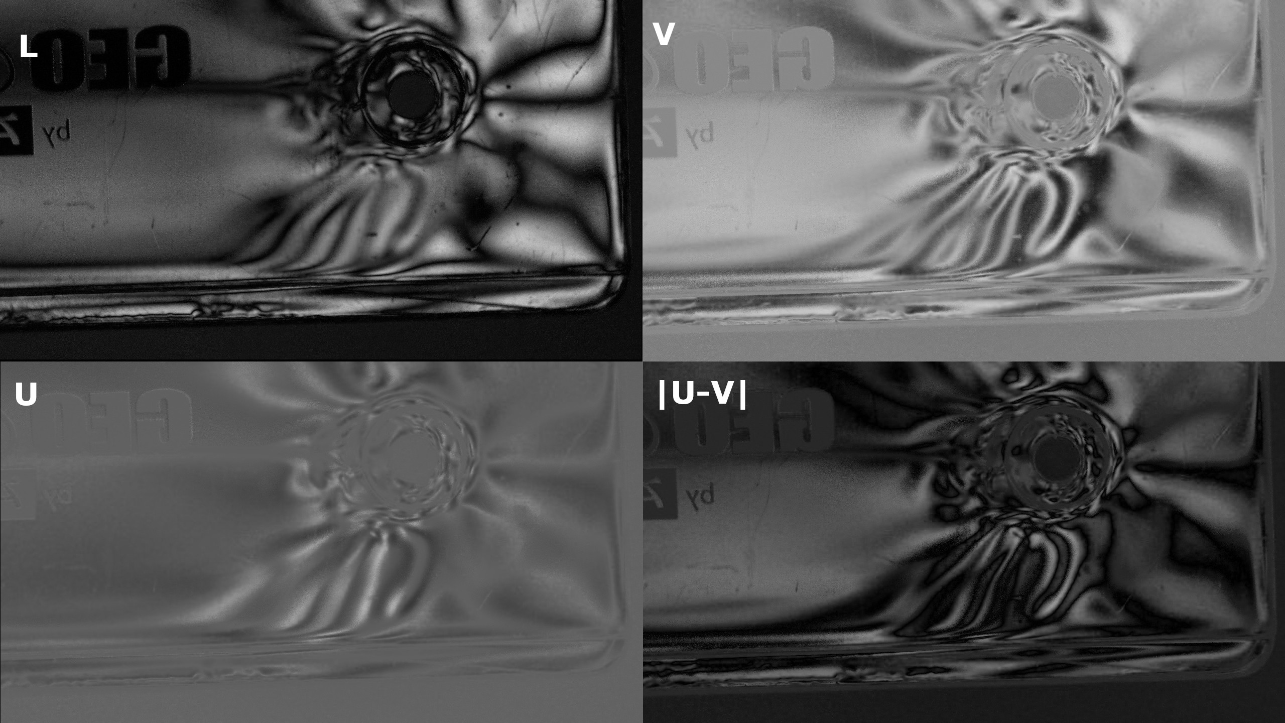 Konvertiert in den LUV Farbraum, rechts unten abs(U-V)